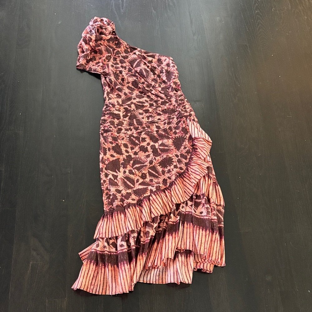 Ulla Johnson One-Shoulder Dress in Pinks and Marrons
